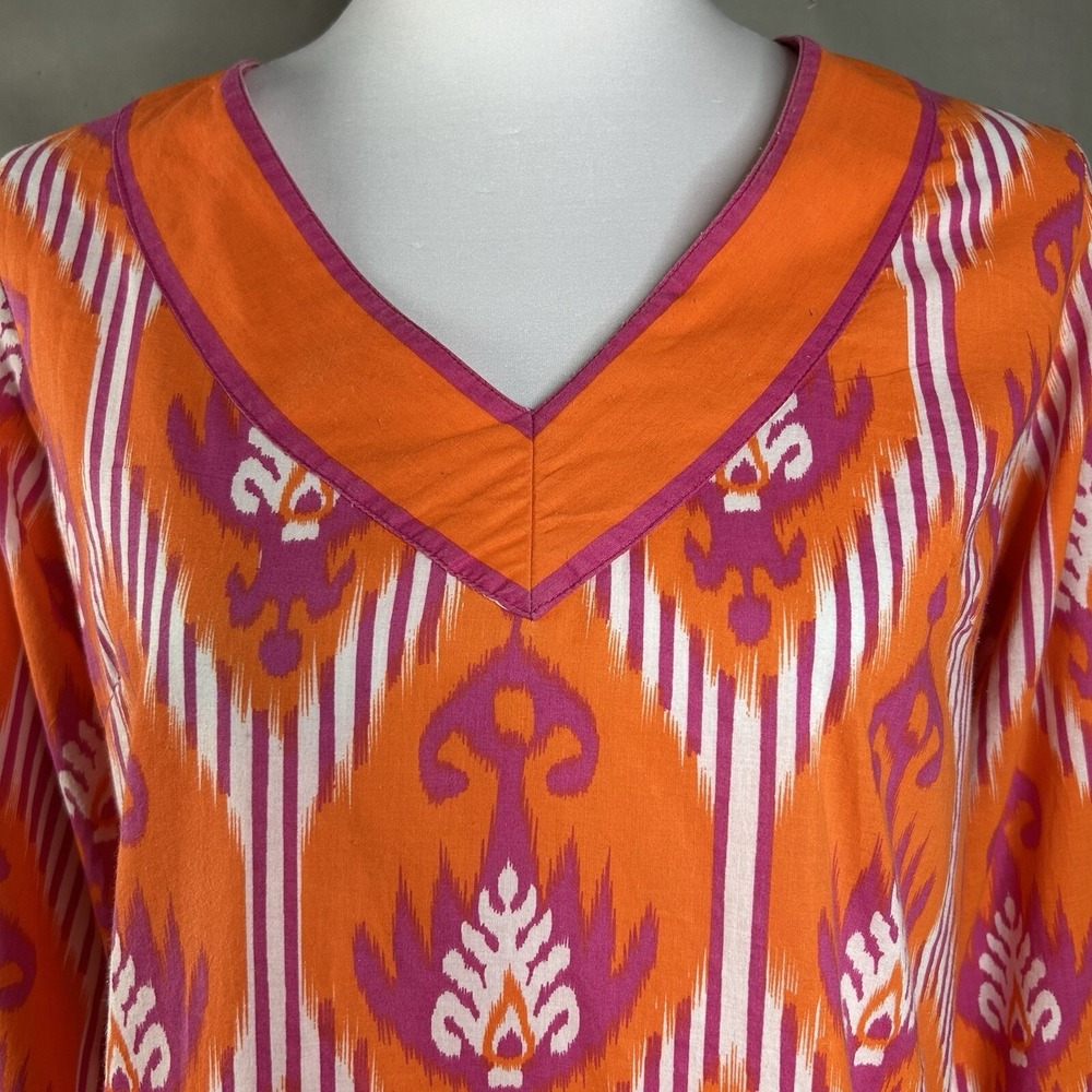 Gretchen Scott Top M Orange Purple Ikat Batik V Neck Cotton Resort Tunic - Picture 8 of 14